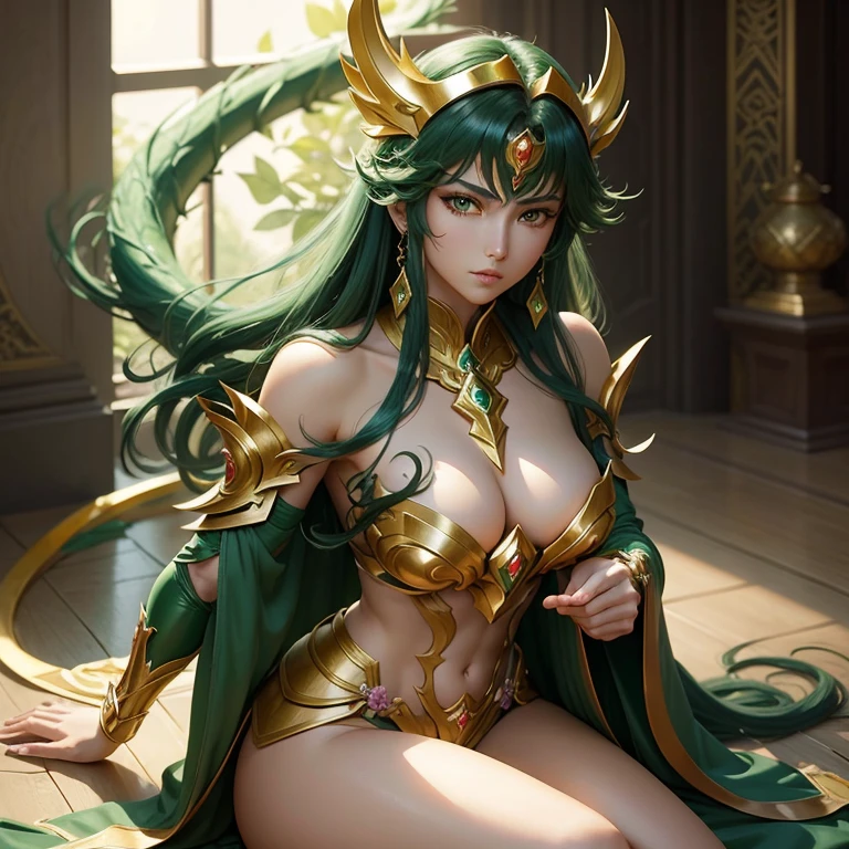 Saint Seiya、green dragon、God Cross、femele、Beautiful face、painterly、ultra-detailliert、CG