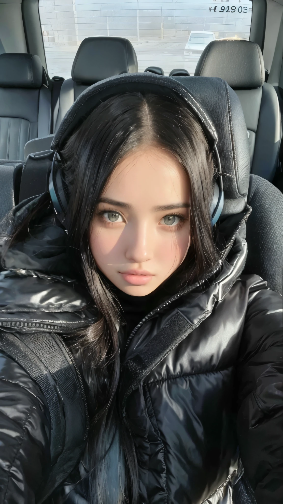Mujer arafed en un coche con auriculares y una chaqueta negra, estilo de julia razumova, anna nikonova aka new milkmaid, Retrato de Sophie Mudd, anastasia ovchinnikova, dilraba dilmurat, action shot girl in parka, novia rusa, billie eilish, chica de pelo negro con sudadera con capucha, pelo negro y ojos grandes