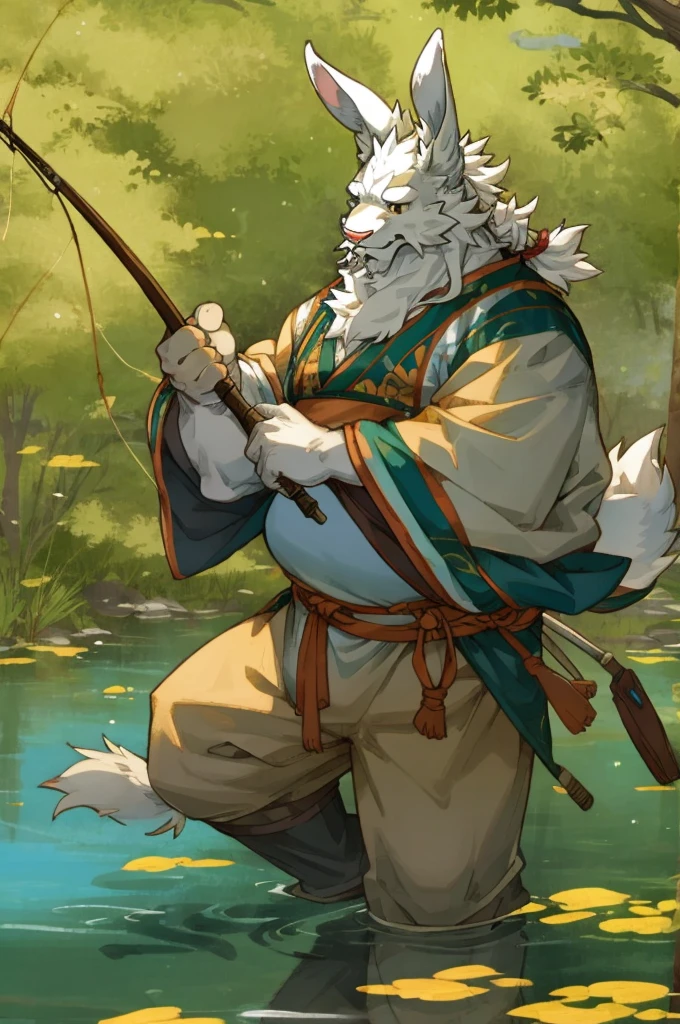 rabbit，hairy，humanoid，Mature，fat and strong，Hanfu，Holding a fishing rod。