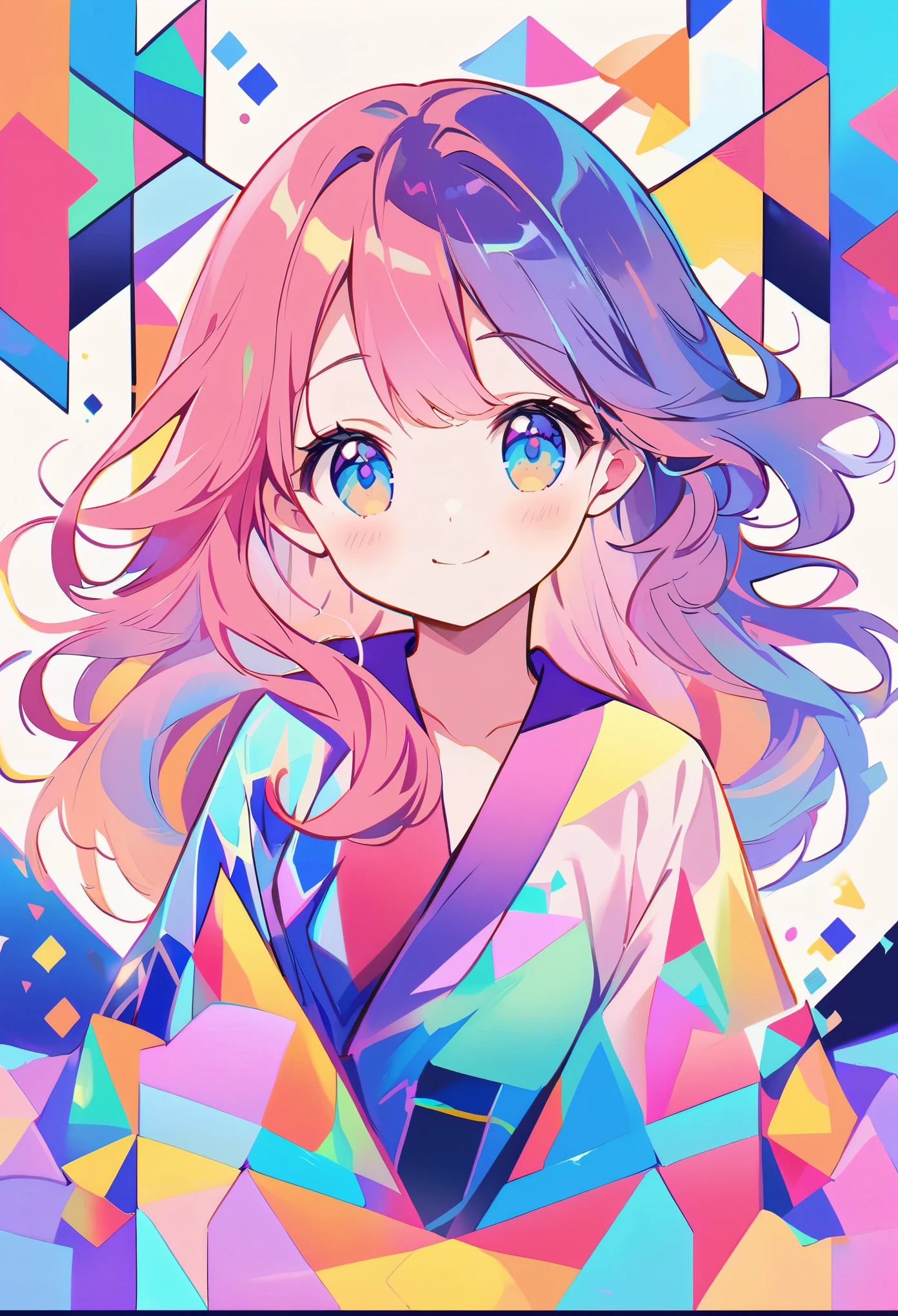 Seamless geometry,blank background,Geometric puzzle style,cute girl, shining eyes, , hapiness,cute smile,flowing hair,Light blue geometric pattern yukata,Colorful geometric shapes around,Vibrant colors,Sparkling fireworks in the background,Colorful geometric shapes,eye-catching composition,abstract pattern,Geometric symmetry,Striking visual impact,artistic interpretation,expressive brushstrokes,Translucent layers,contrasting tones,Warm and cool light exposure,Ethereal and magical atmosphere,seductive and captivating scene