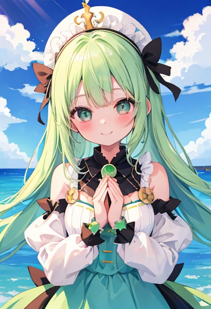 beautiful illustrations, highest quality, pretty girl,beautiful girl、clear face、 half girl、pastel colour ,green hair、black eyes、smile、blush、にこやかなsmile、thighs、fantasy、fantasy、perfect hands、five fingerermaid、In the sea