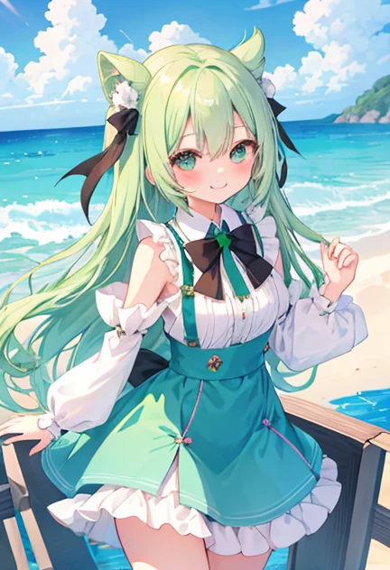 beautiful illustrations, highest quality, pretty girl,beautiful girl、clear face、 half girl、pastel colour ,green hair、black eyes、smile、blush、にこやかなsmile、thighs、fantasy、fantasy、perfect hands、five fingerermaid、In the sea