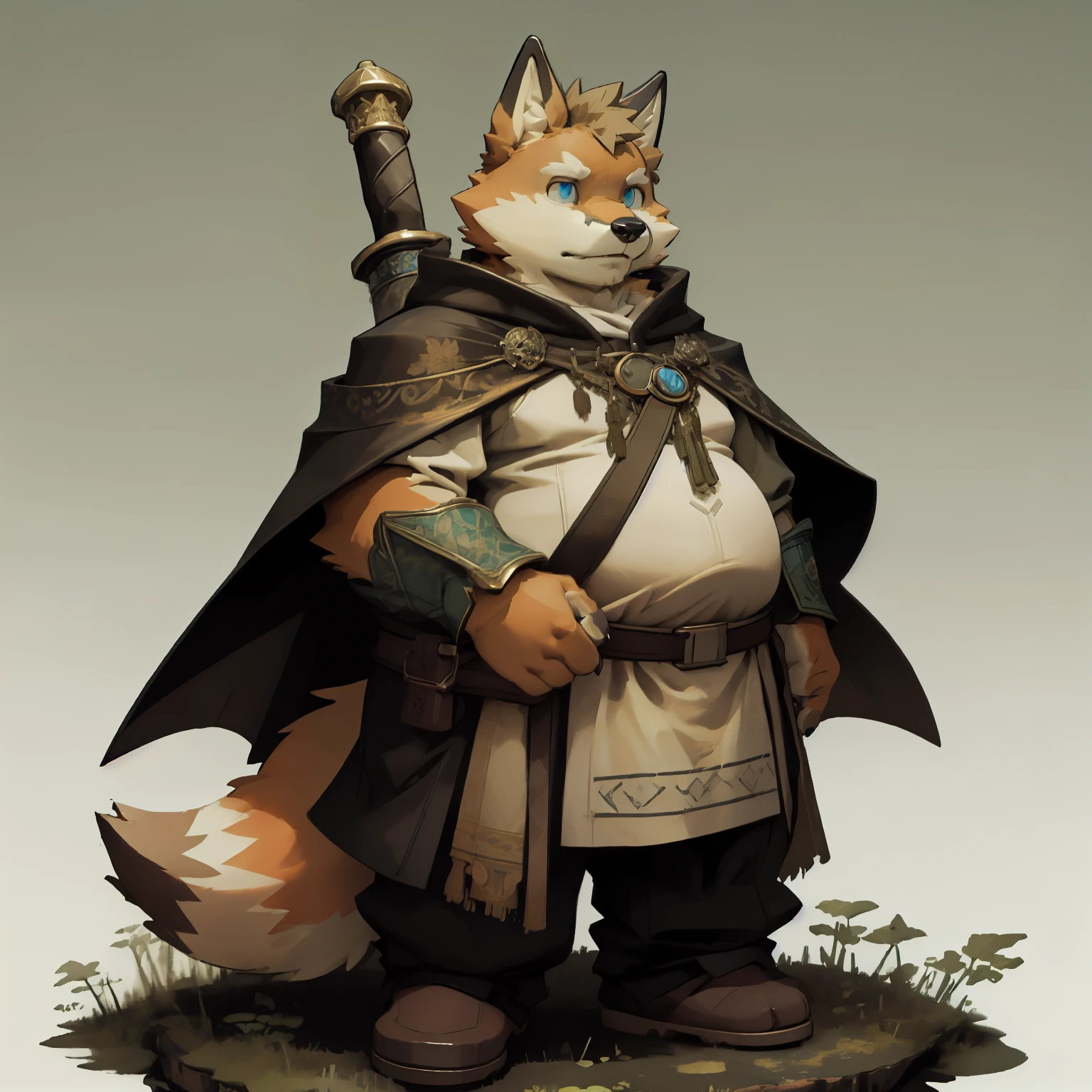 New Jersey 5 Hairy, fox,Full body portrait of an individual, male,exquisite, chubby,thick arms,Orange plush fur,Green Warrior Cloak,Brave Pants,front,stand,blue eyes,Two-handed Swordsman