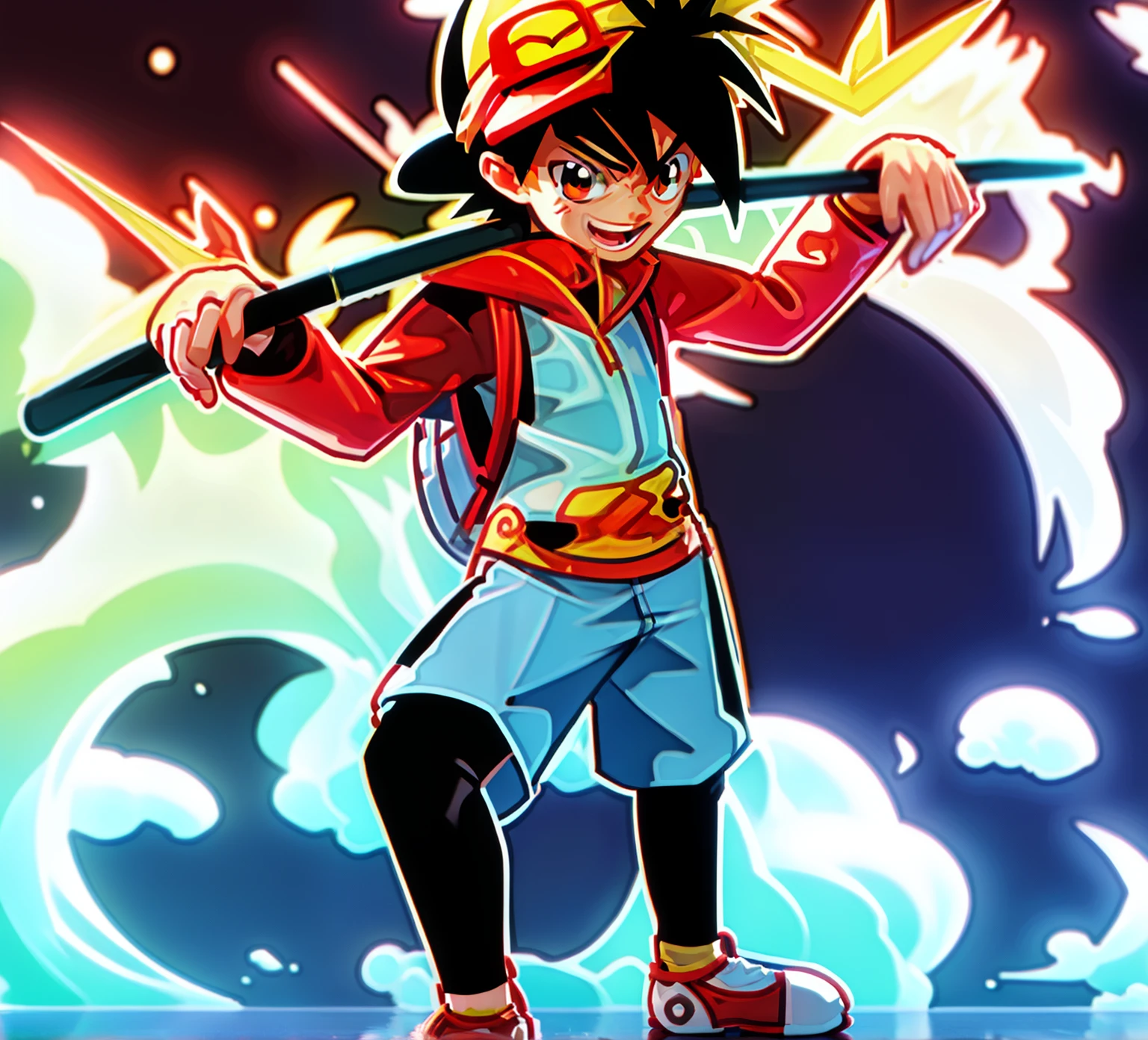 One with a baseball bat、Cartoon illustration of a boy wearing a pokemon hat, Luffy dressed as Naruto, Pikachu as a human, Alien Luffy, Akira in Chinese Mythology, Inspired by Eiichiro Oda, Eiichiro Oda style, Gray ketchup, Mega Man as Pikachu, new house autumn, official art, Monkey D. Luffy, anime characters, anime style characters