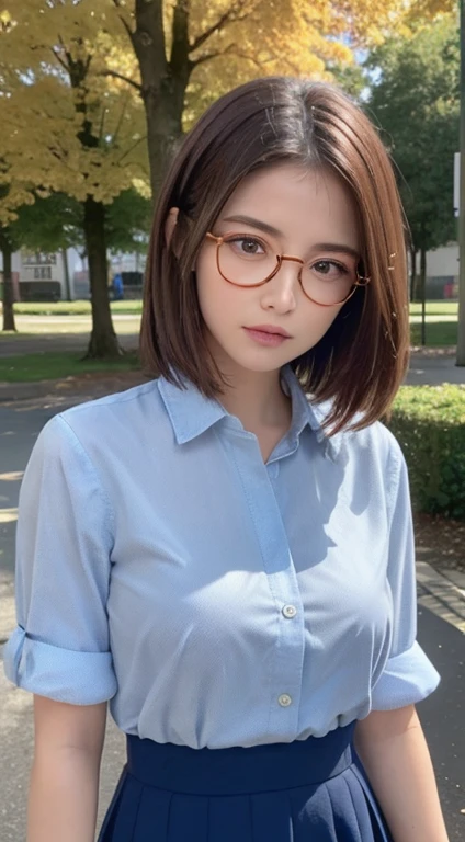 ((highest quality, 8K, masterpiece :1.3)), 1 girl, Slender pretty woman :1.3, (brown hair, shortcut, small breasts:1.2), Burberry checked collared shirt, super detailed face, Highly detailed eye resolution, double eyelid、Low - Angle、(layer cut、shaggy、Hair on my cheeks)、Tree-lined avenue in autumn、skirt、Downcast gaze、depressed look、((round glasses))
