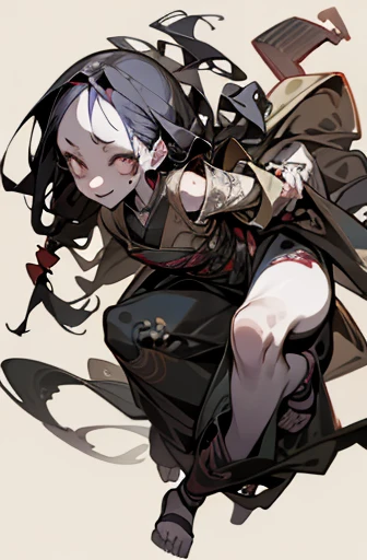 ((Girl with dreadlocks)), scribble, nightmare, doll-like face, cartoon style, rough sketch, , (masterpiece), (High resolution), (super delicate), (clear), Comic book style illustrations,(Horror elements), Japanese painting illustration, full body,(snap shot),crazy illustration, antique, dark atmosphere, flat illustration, creepy appearance, Characteristic hairstyle, creative accessories, Unique atmosphere、
