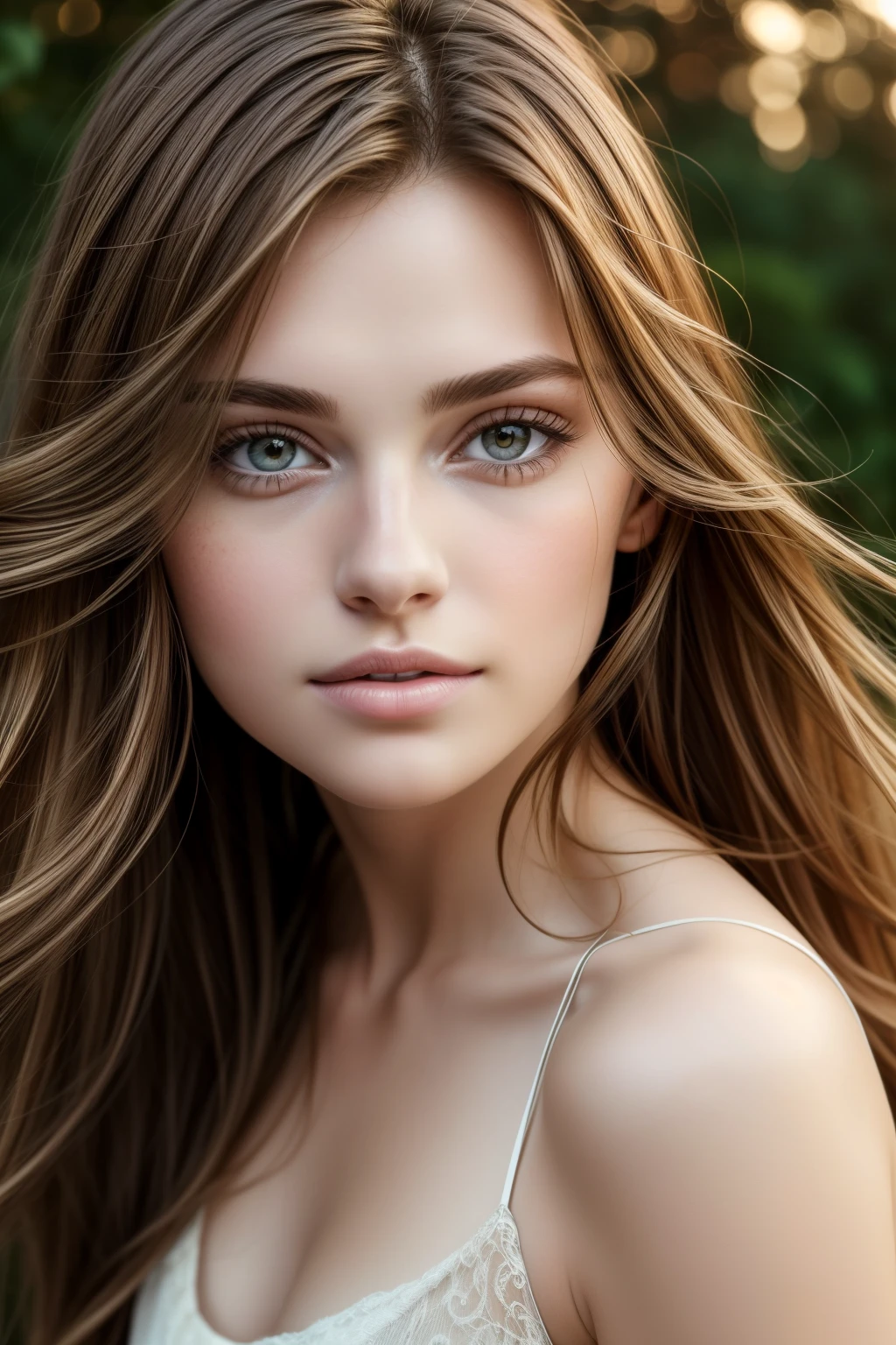 Close-up photo of a youthful 25-year-old girl with lustrous, flowing brown hair cascading down her face, framing her delicate features. The shot captures the raw beauty of her natural brown locks, enhanced by the soft, cinematic light that gently illuminates her flawless complexion. The high-resolution image showcases every intricate detail of her hair strands, with sharp focus and photorealistic textures, giving it a lifelike quality. The neutral tones and soft contrast lend an elegant and sophisticated feel to the overall composition. This masterpiece of a photograph is a testament to the beauty of youth and the art of photography.