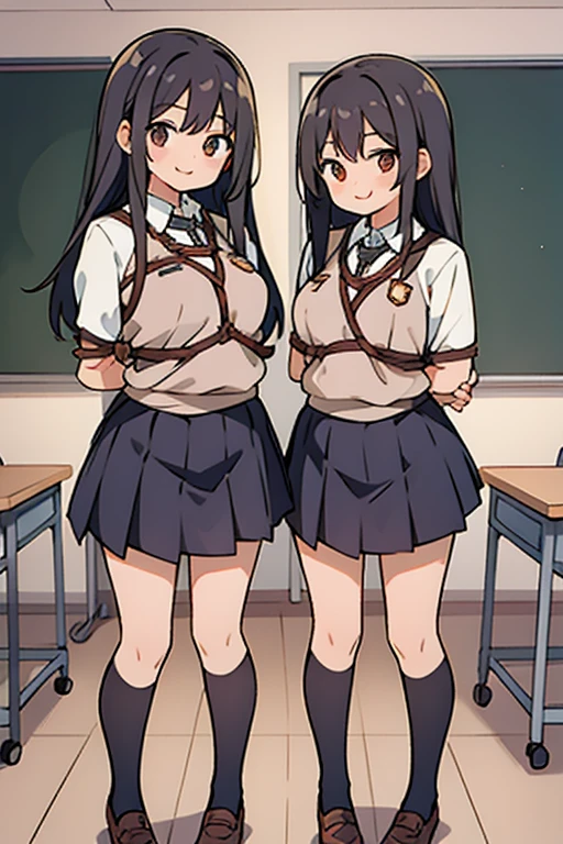 beautiful facial features,collar,Correct human body structure,perfect,((Two young girls in classroom)),full body pictures,Long black hair,Rope bondage,((arms behind back)),Expecting smile,stick out tongue,tongue licking lips,stand,black skirt,black stockings