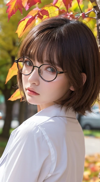 ((highest quality, 8K, masterpiece :1.3)), 1 girl, Slender pretty woman :1.3, (brown hair, shortcut, small breasts:1.2), Burberry checked collared shirt, super detailed face, Highly detailed eye resolution, double eyelid、Low - Angle、(layer cut、shaggy、Hair on my cheeks)、Tree-lined avenue in autumn、skirt、Downcast gaze、depressed look、((round glasses))