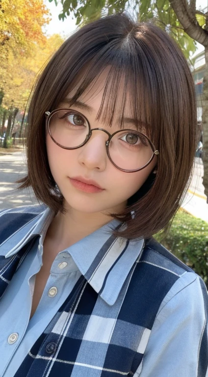 ((highest quality, 8K, masterpiece :1.3)), 1 girl, Slender pretty woman :1.3, (brown hair, shortcut, small breasts:1.2), Burberry checked collared shirt, super detailed face, Highly detailed eye resolution, double eyelid、Low - Angle、(layer cut、shaggy、Hair on my cheeks)、Tree-lined avenue in autumn、skirt、Downcast gaze、depressed look、((round glasses))