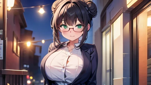 masterpiece,highest quality,wonderful,finely,High resolution,1 girl, big breasts,(single hair bun:1.3), black hair, glasses, green eyes,full body