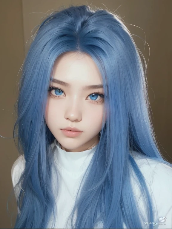 Un primer plano de una persona con cabello azul y una camisa blanca, pelo liso azul cielo, straight pelo azul cielo, pelo largo azul, realista. ChengYi, linda chica con cabello azul, pelo azul cielo, pelo azul claro, hermosa chica de pelo azul, ulzzang, pelo azul que fluye, con piel azul, long pelo azul que fluye, peinado azul