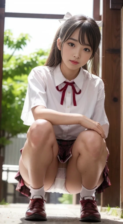 smile、alone座る&#39;knees、sit with your heels on the ground、両手でkneesを抱える、shins facing forward、body facing forward、sit with your heels on the ground、spread legs、open crotch、white panties、8k photo、Live shooting、best image quality、masterpiece:1.2、genuine、photogenuineistic、high contrast、photon mapping、genuineism、Super detailed、professional lighting、Low - Angle:1.2)、(1 girl)、(alone:1.5)、(Height is 165cm), (18 year old high school girl), (Japanese high school uniform)、(summer blouse:1.2)、(plaid short skirt:1.2)、(white shirt with student ribbon:1.2)、(squat down and look ahead)、(open crotch:1.2), (white panties:1.5)、(camel toe)、(white sneakers:1.2)、 (perfect proportions:1.2), (Hard to see from under the skirt:1.5), (The detailed shape of the female pubic area is clearly visible:1.4), (have pubic hair:1.4), (rough skin)