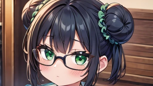 masterpiece,highest quality,wonderful,finely,High resolution,1 girl, big breasts,(double bun:1.3), black hair, glasses, green eyes