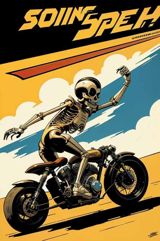 retro futuristic poster of a skeleton riding a steamroller vintage cartoon speed racer illustration