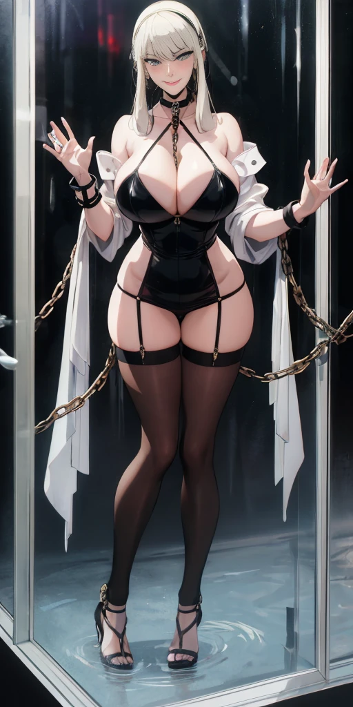 dark fantasy anime illustration of a (mature MILF BIMBO albino skin and short white hair), (FULL BODY) perfect face, wearing tight leather stealth armor, stalking, BIG KNOCKERS CLEAVAGE, lustful smirking smile red blush red cheeks, chain leash, kneeling, shackles, leather black collar slave, ((BLACK background)) hands on glass WITH KNOCKERS on glass, glass window fog water drop, 5 fingers each hand, metal handcuffs, black choker collar, thighhighs, long legs, metal ankle, metal sandals, metal shoulders, standing straight symmetrical against glass