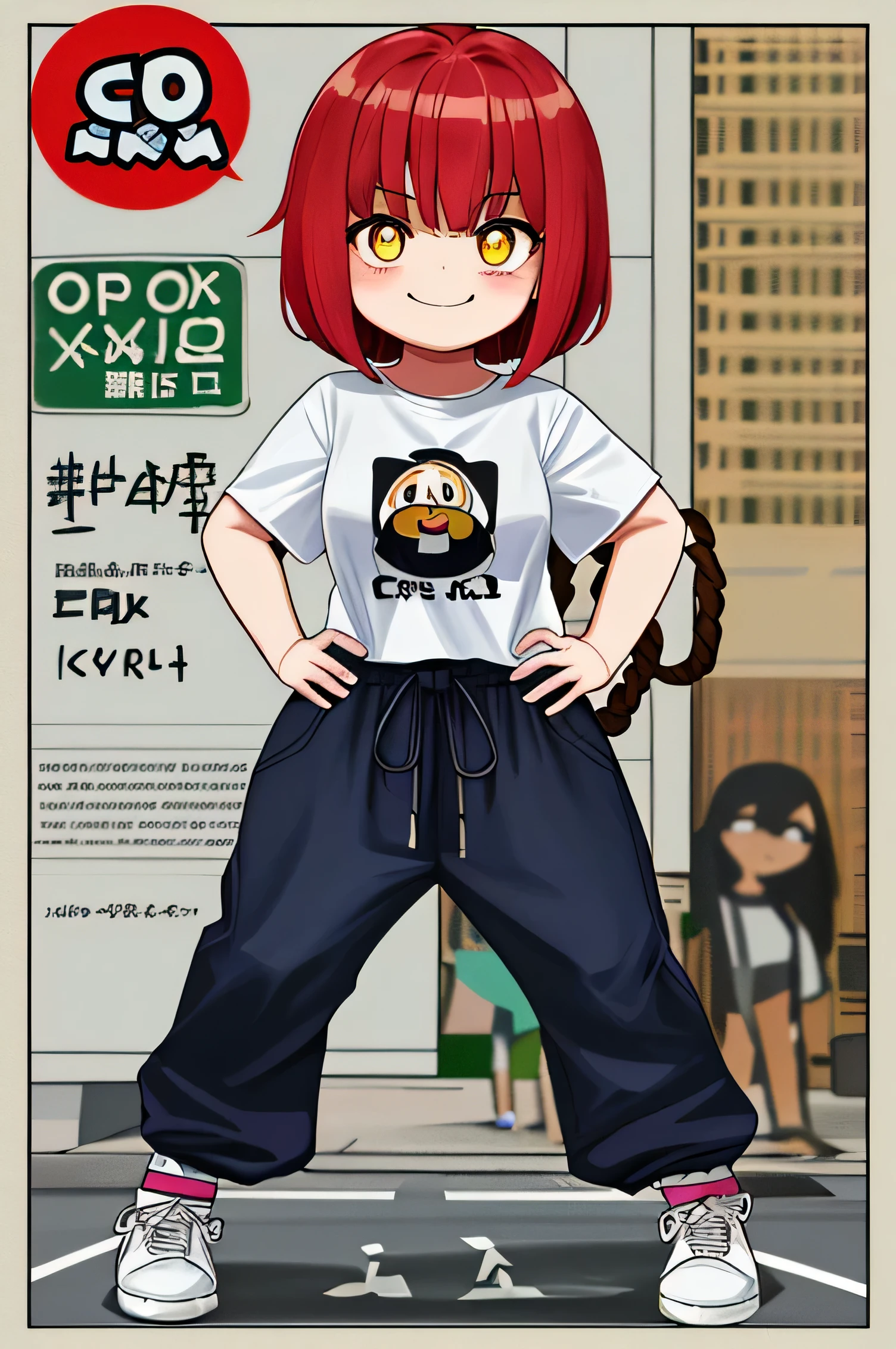 chicha  with wide pants and ropes on the shoulders and very large thighs, a short white t-shirt and the letters "xxx" in the center. She looks like a mischievous and teasing girl, short red hair in the Shaggy Bob style, yellow eyes and brown pupils, with a pose with both hands on her waist and semi-crouched. : her atmosphere coming out of a comic-con, accompanied by her mocking smile