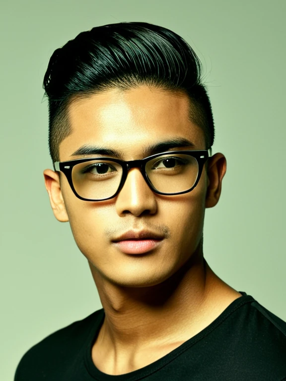 masterpice, (best quality), ((best detailed)), depth of field, ((original face)), slick back hairstyle ((right side)), Undercut, indonesian men young adult, 4k picture, glasses, perfect duplicated face and attribute on face, perfect picture, professional photographer, mid close, wide lens camera, copy the face and retouching a bit