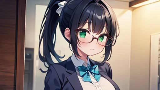 masterpiece,highest quality,wonderful,finely,High resolution,1 girl, big breasts,(ponytail:1.3), black hair, glasses, green eyes,full body