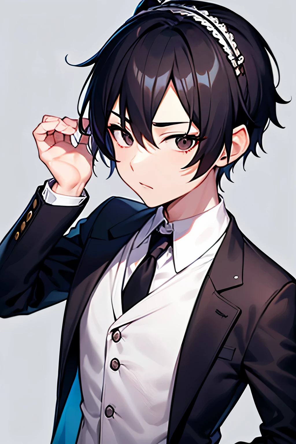 An Asian boy with a short and thin build with black eyes, hair that is not too long or too short, capable of making a black ponytail, skin as white as porcelain, wearing a school suit, thin hands, a mole on the back of his left eye and a fascinator on his head. music