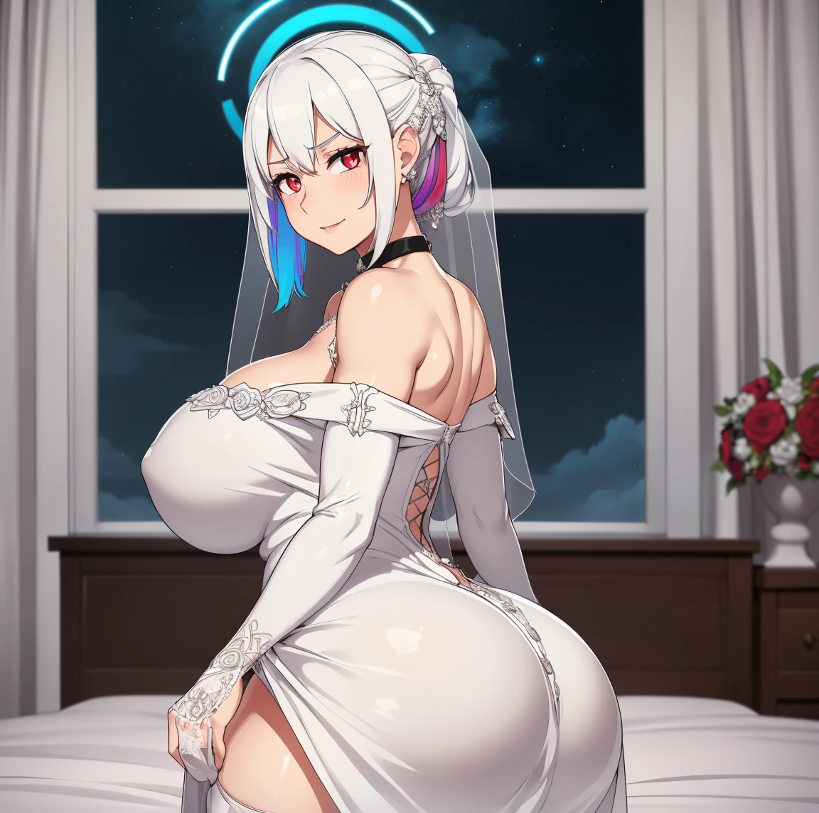 light particles, halo, (bioluminescent:0.95), bioluminescent, piercing glare, vibrant, (((colourful))), color, (glowing, glow),ancient customs, wind blow, blossom, on bed, night, reflection light, depth of field, from behind, multiple views, delicated best quality ,masterpiece, illustration, an extremely delicate and beautiful, extremely detailed ,CG ,unity ,8k wallpaper, Amazing, finely detail, masterpiece,best quality,official art,extremely detailed CG unity 8k wallpaper,absurdres, incredibly absurdres, huge filesize , ultra-detailed, highres, extremely detailed,beautiful detailed girl, extremely detailed eyes and face, beautiful detailed eyes,light on face,1girl, (mature women, milf:1.1), (tachibana kyouka), (Super realistic), (white hair, white hair ), (red eyes), (slave collar), ((jewelry)), (hair jewelry), (((describe the arm in detail))), (((Super boobs))), ((saggy breasts)), (armpit), ((huge body)), (lager breasts),((huge ass)), ((thighs)), ((big thighs)), (black thighhighs, garter belt:1.1), ((Plump boobs)),, (detailed description of hair), ((upper body)), (Bare shoulder), ((collarbone)), (off shoulder), (Shiny skin), (detailed description of face), (Extremely detailed description of the eyes), (detailed description of body), (white and translucent skin), peerless beauty, (extreme beauty), (red lips), (shy ), (seductive smile), ((dress wedding:1.6)), (every pose), (full shoot body:1.1)
INFO