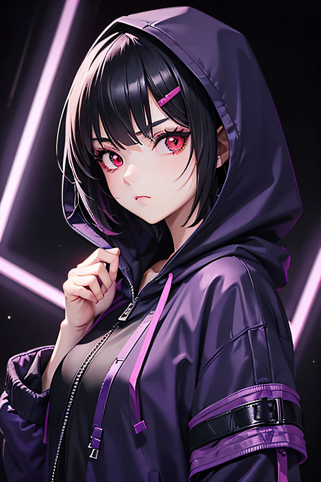 1girl, black short hair, purple outfit, serious, black jacket, ((closed jacket)), hood, black hood, hood up, hooded jacket, red eyes, forehead, emo fashion, red hairclip, upper body, portrait, full-length zipper,