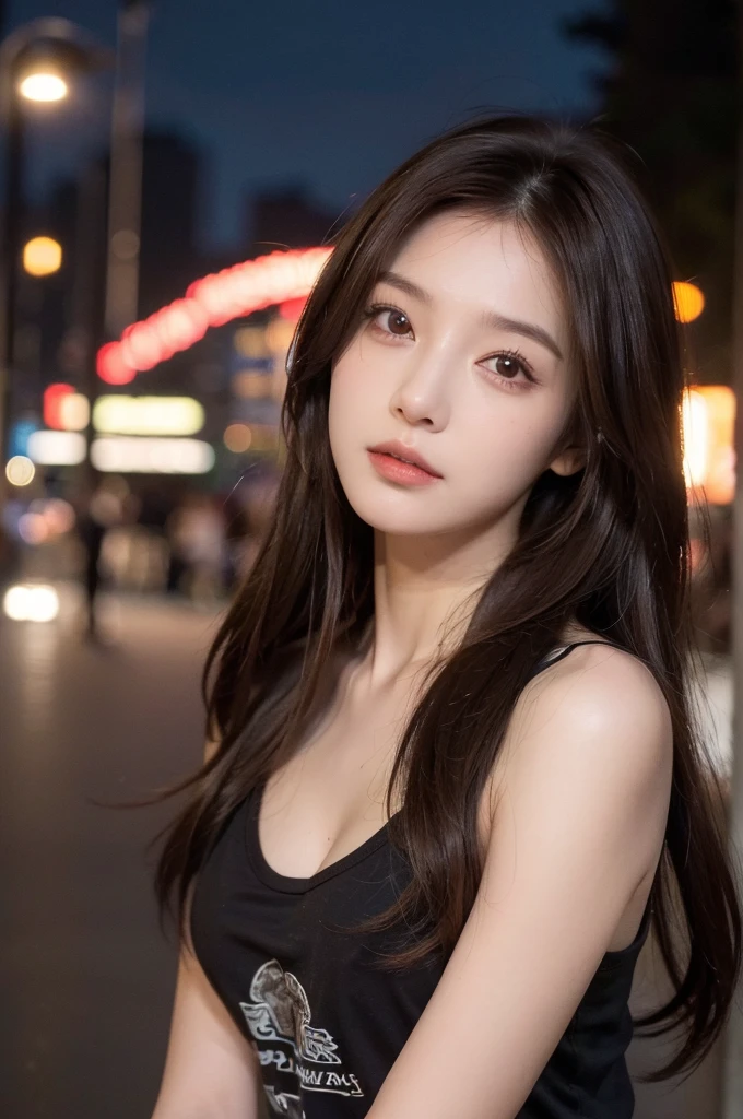 (best quality, High resolution, masterpiece :1.3), A beautiful woman, Slender figure, Dark brown hair, t-shirt, (city street at night), Highly detailed facial and skin textures, delicate eyes, double eyelids