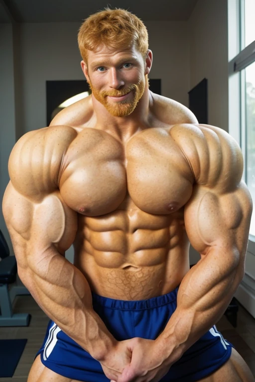 ginger daddy, (1boy), (soft smile), tan skin, (natural daylight:1.3), flexing biceps, perfect biceps, round biceps, arm flexed, bicep flexing pose, (good face:1.5), (male model:1.3), dimly lit, dark studio, very handsome male model with a beard, ginger, bodybuilder competition flexing poses, showing off biceps, handsome, (beautiful:1.3), gorgeous, high quality face, ginger, beefy, bulky, very large muscles