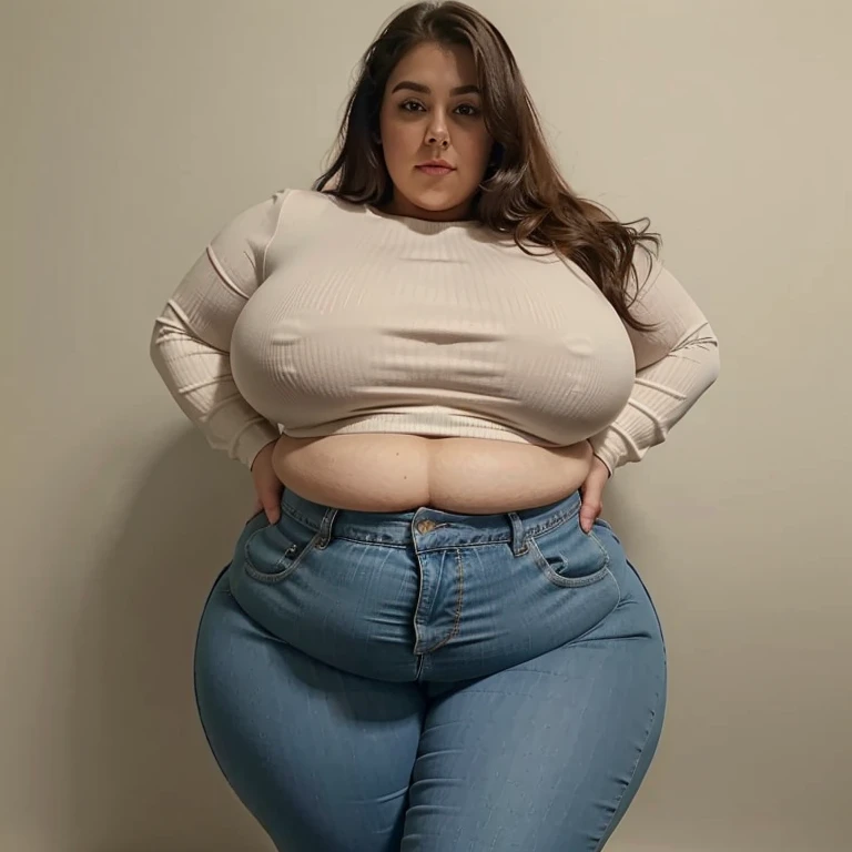 a woman in a long sleeve knit top and jeans posing for a picture, alluring plus sized model, she has an insanely inflated jiggly obese round belly, mammoth-sized proportions, insanely inflated chubby round belly, massive inflated belly, mammoth-sized belly, huge heavy inflated belly, giant plump belly, insanely inflated massive breasts, gargantuan breasts, gargantuan engorged breasts, mammoth-sized breasts, enormous sagging breasts, insanely large swollen breasts, beautiful thick female, plus size woman, thick body, enormous hyper-obese body, mammoth-sized body, gargantuan body, insanely inflated body, extremely plump, fattest woman, hyperrealistic full figure, thick thighs, fat inflated waist and thick hips, mammoth-sized fat waist, massive inflated waist, huge chubby waist, widest waist, massive hyper-obese waist, widest hips, big stomach, insanely inflated stomach, mammoth-sized chubby stomach, gargantuan plump stomach, fattest midsection, insanely inflated midsection, mammoth-sized chubby midsection, widest midsection, widest abdomen, insanely inflated abdomen, mammoth-sized chubby abdomen, gargantuan plump abdomen, insanely inflated hips, mammoth-sized chubby hips, chubby face, large double chin, insanely inflated chubby thighs, thick fat thighs, fattest thighs