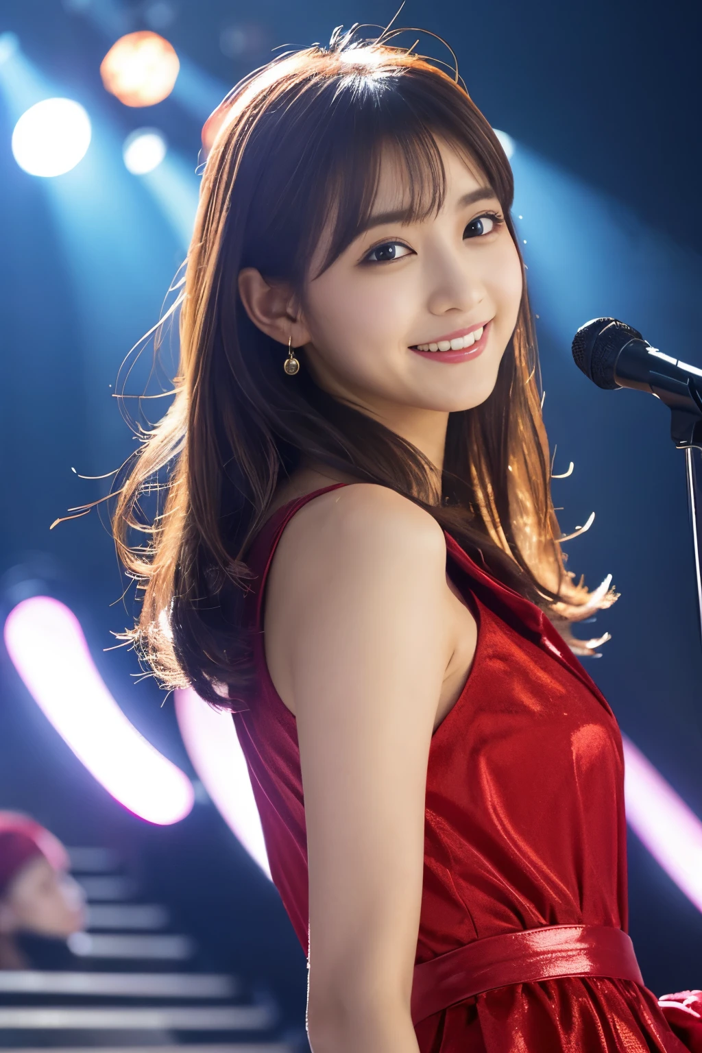 
1 girl, (Wearing a bright red idol costume:1.2), A photo book of very beautiful Nogizaka idols, 
(Raw photo, highest quality), (realistic, Photoreal:1.4), (masterpiece), 
very delicate and beautiful, very detailed, 2k wallpaper, wonderful, finely, very detailed CG Unity 8K 壁紙, Super detailed, High resolution, soft light, 
beautiful detailed girl, very detailed目と顔, beautifully detailed nose, finelyて美しい目, cinematic lighting, 
(idol concert:1.4), (The background is a stage:1.3), 
complete anatomy, slender body, small, smile