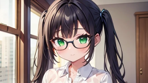 masterpiece,highest quality,wonderful,finely,High resolution,1 girl, big breasts,(short twintails:1.3), black hair, glasses, green eyes,full body