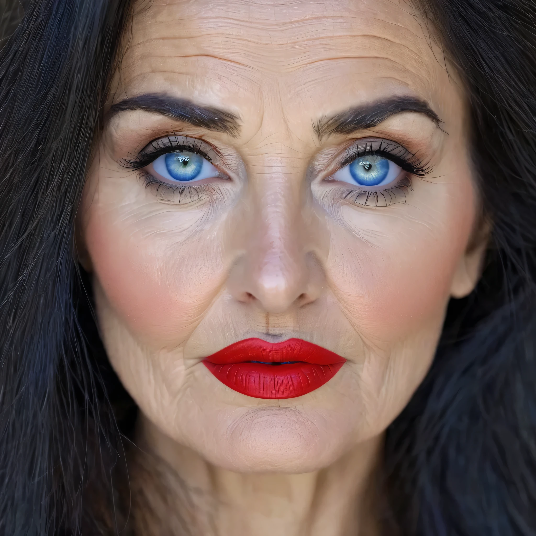 old 40 years romanian lady, dark long hairs, blue eyes, small nose, big red lip, perfect face makeup, white realistic skin, beautiful face , very realistic face