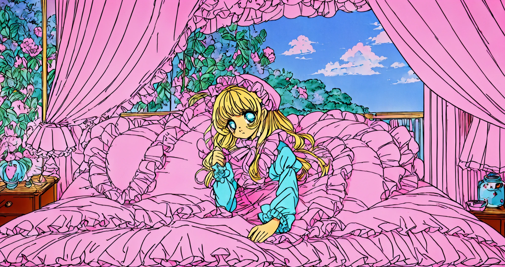 ,highest quality, masterpiece, highest resolution, artwork, super それにget used to it, many get used to it, get used to it, それにget used to it,((( High quality 90's anime illustrations))),(( 10 year old girl)),Super detailed baby face,high quality small face,long blonde hair that grows to the waist,blue eyes,白い肌のeuropean,pajamas, european,(((super long blonde hair))),curly hair,blue eyes,((((ピンクのロリータファッションのlong skirtのワンピースドレス)))),((Pink dress with lots of frills and ribbons)),((Luxurious headdress with frills and ribbons)),detailed headdress,,(((big yoke collar))),Yoke collar with ruffles and ribbons,((((long sleeve)))),ruffle sleeves,((((long skirt)))),white ruffle and lace socks,large frill and ribbon pillow,(((Nice pink outfit))),豪華なcanopy bedの上,canopy bed,The bed is surrounded by luxurious curtains,many frilly pillows on the bed,There are many frilly pillows behind the girl.,super detailed background,detailed bed,soft pink comforter,Highly detailed soft ruffle pillow,Beautiful girl illustration,detailed beautiful face,fine hair,detailed eye ,detailed eyes,detailed mouth, arm details,fine hands,Detailed pillow,wide bed,Illustration on the bed, ,((((round futon)))),((((A large ruffled futon that covers the entire bed)))),detailed comforter,detailed bedシーツ,Before bedtime,romantic atmosphere,palace bedroom,((((The lower half of the body is hidden under the futon and the puffy skirt....)))) The girl is leaning on a pile of pillows, ,((((round futon)))),((((A large ruffled futon that covers the entire bed)))),