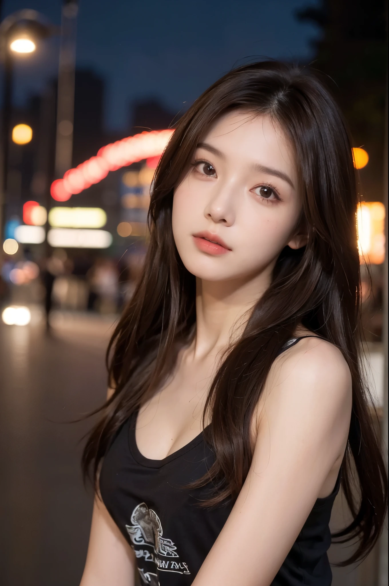 (best quality, High resolution, masterpiece :1.3), A beautiful woman, Slender figure, Dark brown hair, t-shirt, (city street at night), Highly detailed facial and skin textures, delicate eyes, double eyelids