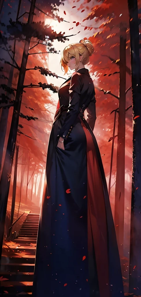 blonde woman，long coat，Rear view，silhouette，red forest，Red Moon，Red Night，