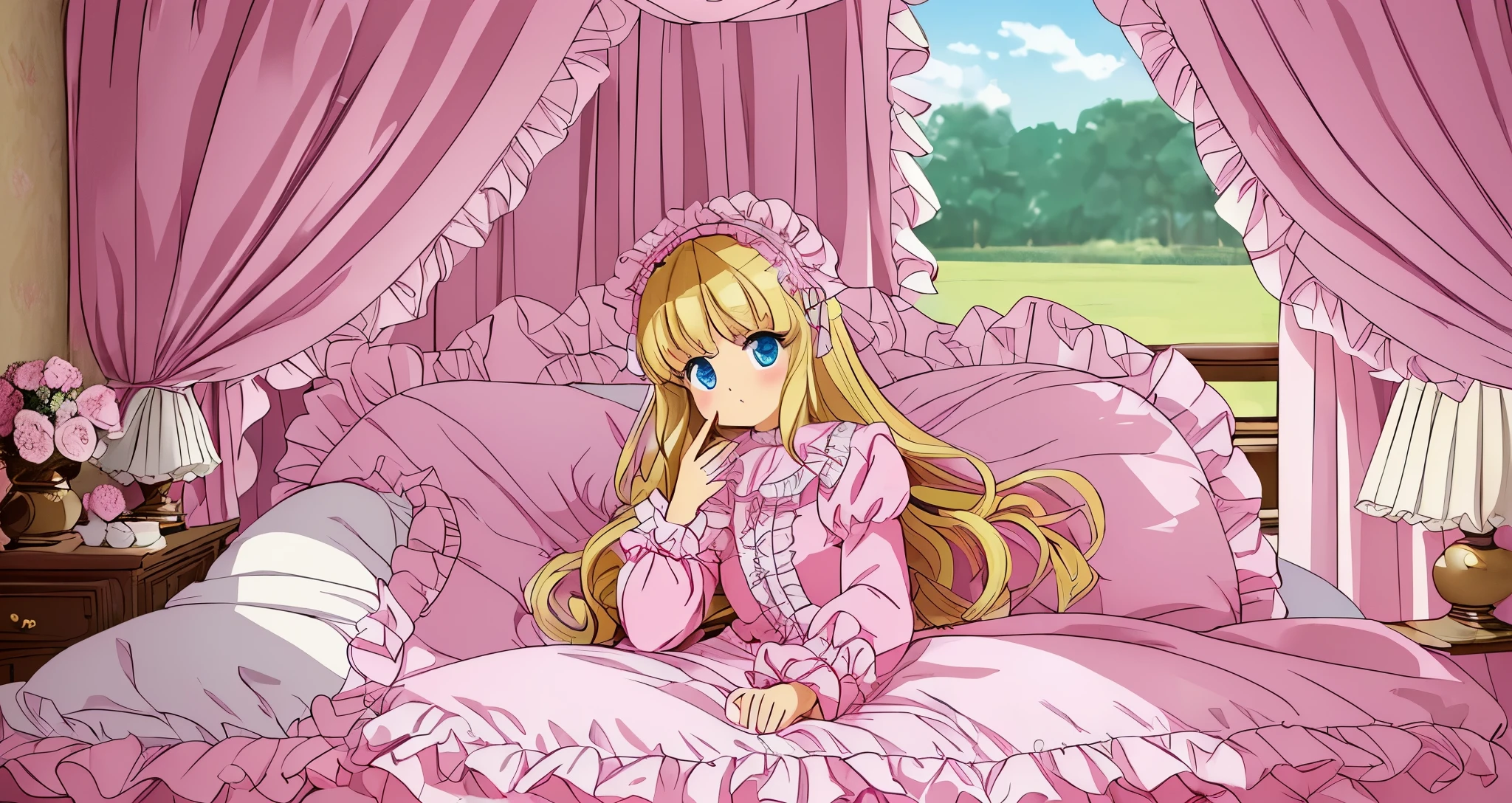 ,highest quality, masterpiece, highest resolution, artwork, super それにget used to it, many get used to it, get used to it, それにget used to it, 3K anime illustration,(( 10 year old girl)),Super detailed baby face,high quality small face,long blonde hair that grows to the waist,blue eyes,白い肌のeuropean,pajamas, european,(((super long blonde hair))),curly hair,blue eyes,((((ピンクのロリータファッションのlong skirtのワンピースドレス)))),((Pink dress with lots of frills and ribbons)),((Luxurious headdress with frills and ribbons)),detailed headdress,,(((big yoke collar))),Yoke collar with ruffles and ribbons,((((long sleeve)))),ruffle sleeves,((((long skirt)))),white ruffle and lace socks,large frill and ribbon pillow,(((Nice pink outfit))),豪華なcanopy bedの上,canopy bed,The bed is surrounded by luxurious curtains,many frilly pillows on the bed,There are many frilly pillows behind the girl.,super detailed background,detailed bed,soft pink comforter,Highly detailed soft ruffle pillow,Beautiful girl illustration,detailed beautiful face,thin hair,detailed eye ,detailed eyes,detailed mouth, arm details,fine hands,Detailed pillow,wide bed,Illustration on the bed, ,((((round futon)))),((((A large ruffled futon that covers the entire bed)))),detailed comforter,detailed bedシーツ,Before bedtime,romantic atmosphere,palace bedroom,((((The lower half of the body is hidden under the futon and the puffy skirt......)))) The girl is leaning on a pile of pillows, ,((((round futon)))),((((A large ruffled futon that covers the entire bed)))),