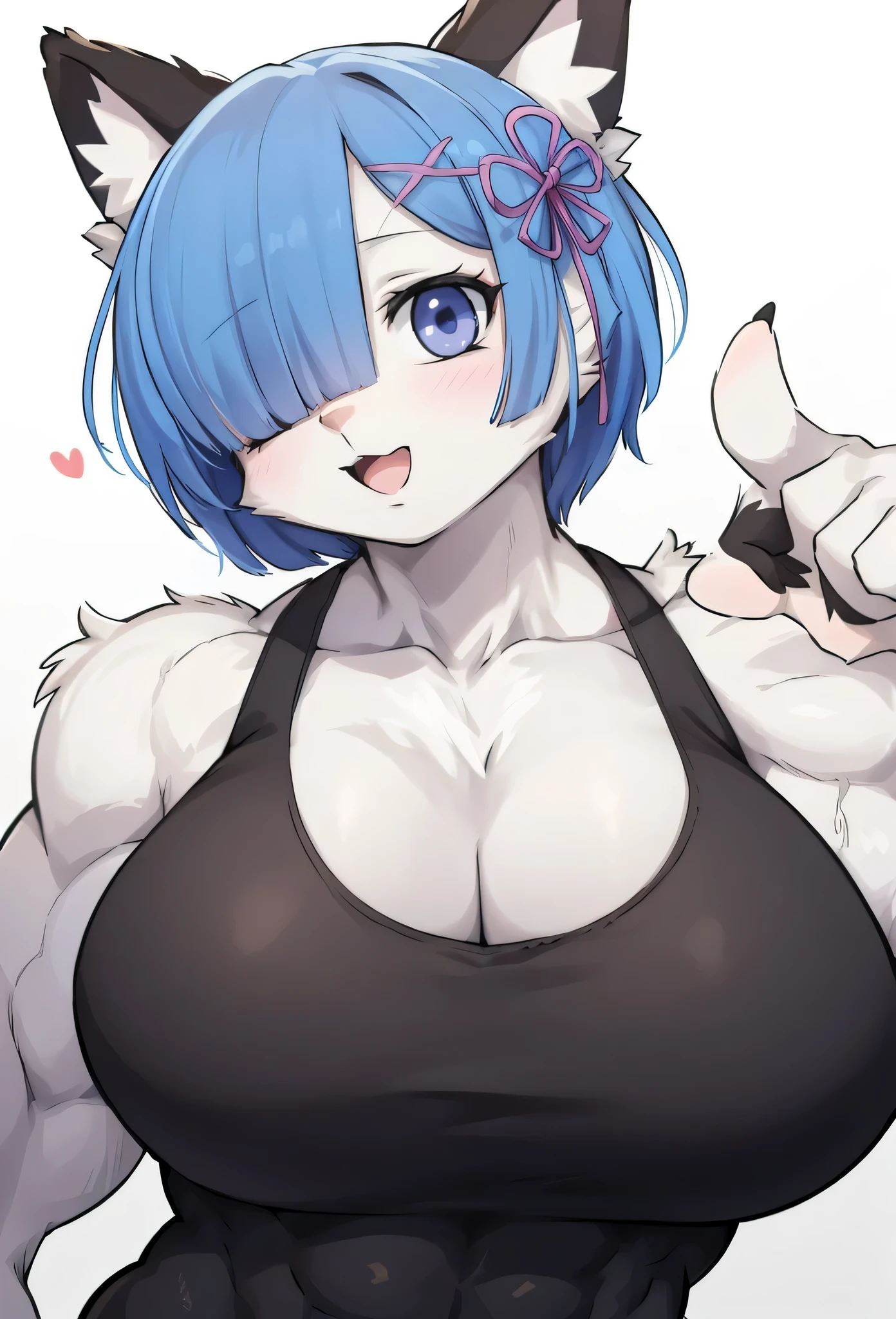 ,girl, (furry),rem (re:zero), muscular female, alternate muscle size,, biceps,upper body, muscular shoulder,,white fur,muscular,