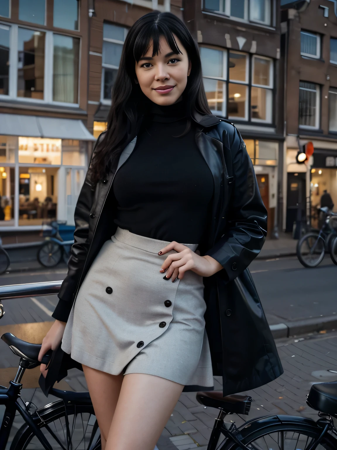 gently smiling Bettie Page detailed freckles, blue eyes, very slim, very short, posing in Amsterdam, modeling, wearing turtleneck, black trench coat,maxy skirt, scarf, The image, realistic hyper-detailed photo captured in stunning Ultra HD, 8k resolution, Nikon D850, — style raw — c 10 — ar 2:3 — s 250V
