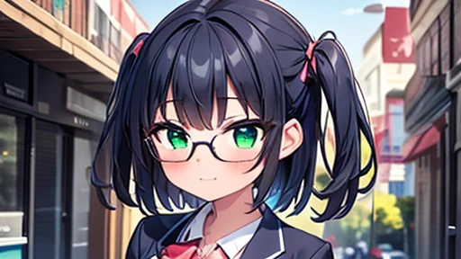 masterpiece,highest quality,wonderful,finely,High resolution,1 girl, big breasts,(two side up:1.3), black hair, glasses, green eyes,full body