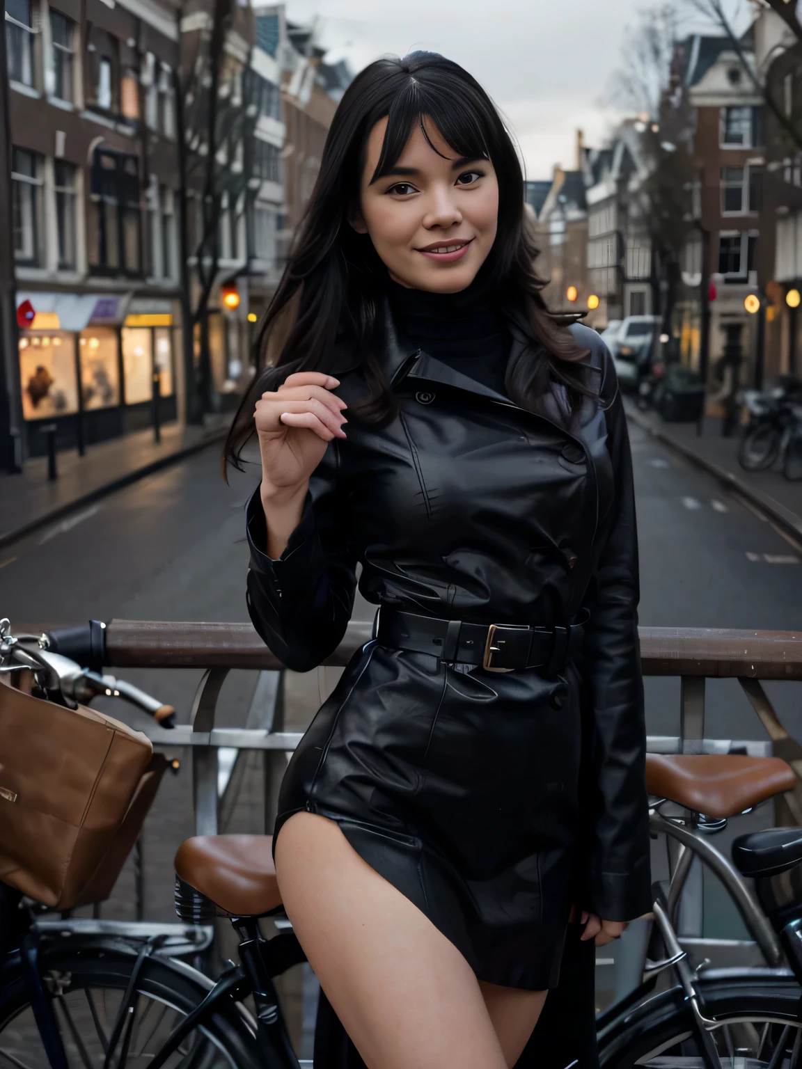 gently smiling Bettie Page detailed freckles, blue eyes, very slim, very short, posing in Amsterdam, modeling, wearing turtleneck, black trench coat,maxy skirt, scarf, The image, realistic hyper-detailed photo captured in stunning Ultra HD, 8k resolution, Nikon D850, — style raw — c 10 — ar 2:3 — s 250V