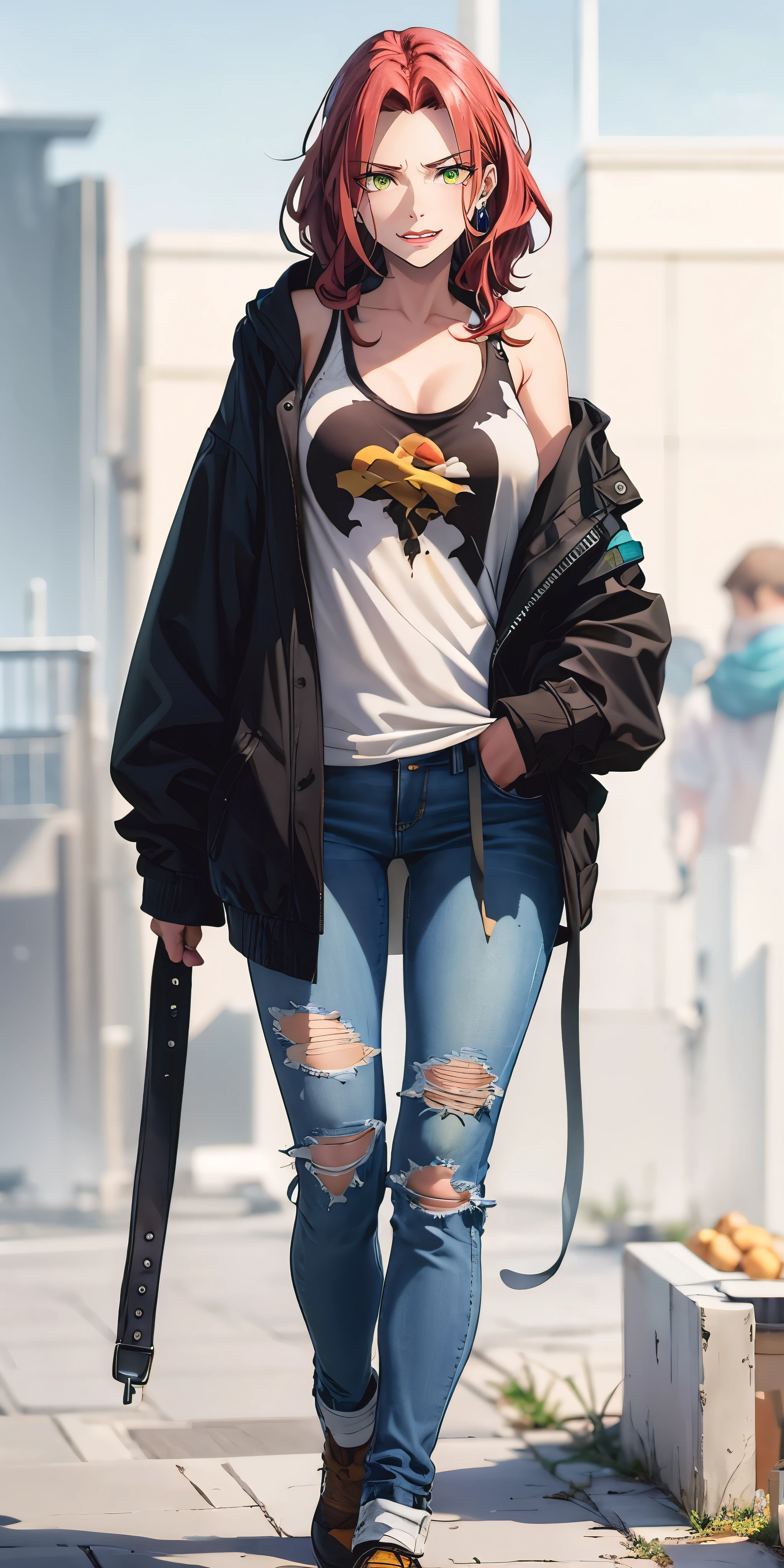 eft_shield_whor3, medium hair, red hair, green eyes,, curvy, anatomically correct, heavy breathing, huge breasts, torn_clothes, torn_pants,  torn_jeans, pants, denim, jeans, 1girl,  jacket, blurry, hand in pocket, black_jacket, torn_shirt, solo, torn_legwear, standing, depth_of_field, tank_top, blurry_background, looking_at_viewer, outdoors, city, "Photorealistic, Hyperrealistic, Hyperdetailed, analog style, soft lighting, subsurface scattering, realistic, heavy shadow, masterpiece, best quality, ultra realistic, 8k, golden ratio, Intricate, High Detail, film photography, soft focus", (shaded face:1.2), hollow eyes, green eyes, looking at viewer, (heavy breathing:1.2), smirk, upper teeth, lips, steaming face, nsfw, nsfw art