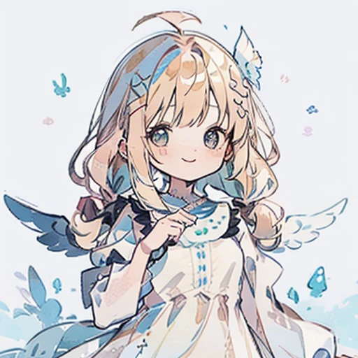 transparent watercolor、girl、jewel eyes、beautiful arrangements and motifs、written boundary depth、flat avatar, 1girl, smile, light pink hair((left and right braids、,short twin tails,wavy hair)), hair with white tips, Fashionable design clothes((blue and white)),background white, かわいいgirl、transparent dress、fluffy dress、transparent feather robes、beautiful girl、smile gently、transparent cloth、exposed、Summery、yellow and green、cheerful girl、Angel's Smile,