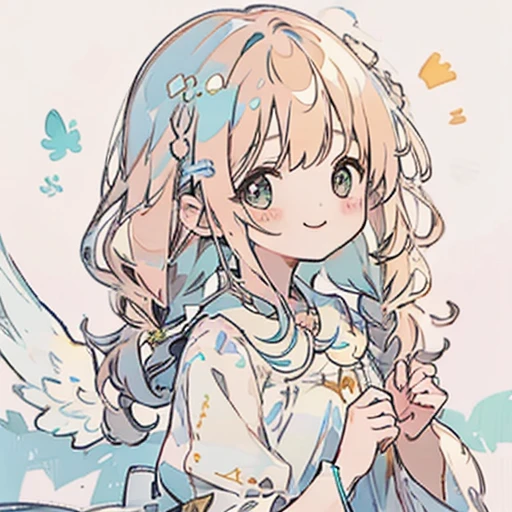 transparent watercolor、girl、jewel eyes、beautiful arrangements and motifs、written boundary depth、flat avatar, 1girl, smile, light pink hair((left and right braids、,short twin tails,wavy hair)), hair with white tips, Fashionable design clothes((blue and white)),background white, かわいいgirl、transparent dress、fluffy dress、transparent feather robes、beautiful girl、smile gently、transparent cloth、exposed、Summery、yellow and green、cheerful girl、Angel's Smile,