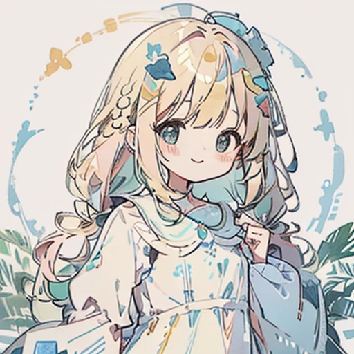 transparent watercolor、girl、jewel eyes、beautiful arrangements and motifs、written boundary depth、flat avatar, 1girl, smile, light pink hair((left and right braids、,short twin tails,wavy hair)), hair with white tips, Fashionable design clothes((blue and white)),background white, かわいいgirl、transparent dress、fluffy dress、transparent feather robes、beautiful girl、smile gently、transparent cloth、exposed、Summery、yellow and green、cheerful girl、Angel's Smile,