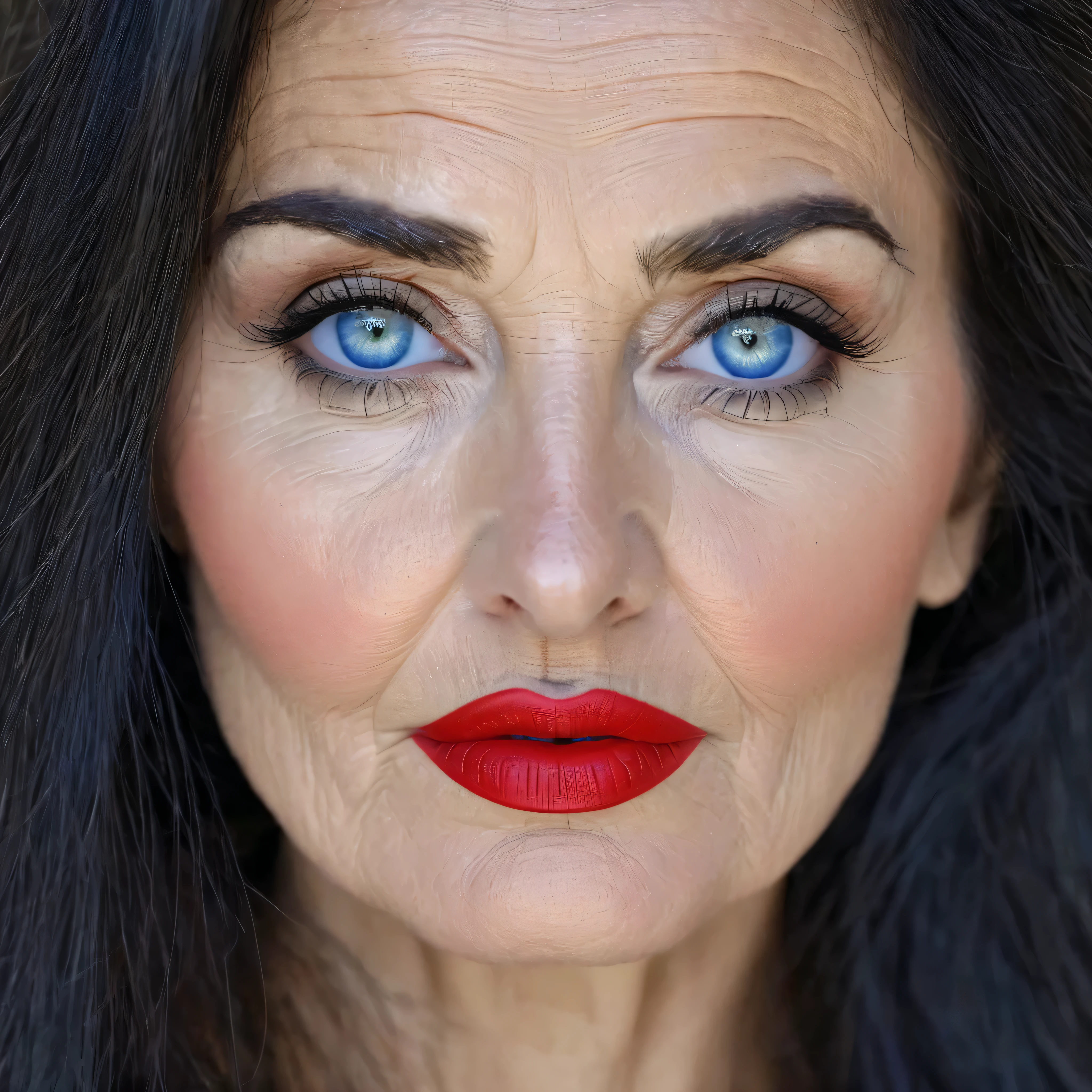 old 40 years romanian lady, dark long hairs, blue eyes, small nose, big red lip, perfect face makeup, white realistic skin, beautiful face , very realistic face