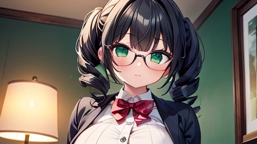 masterpiece,highest quality,wonderful,finely,High resolution,1 girl, big breasts,(drill hair:1.3), black hair, glasses, green eyes