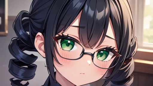 masterpiece,highest quality,wonderful,finely,High resolution,1 girl, big breasts,(drill hair:1.3), black hair, glasses, green eyes