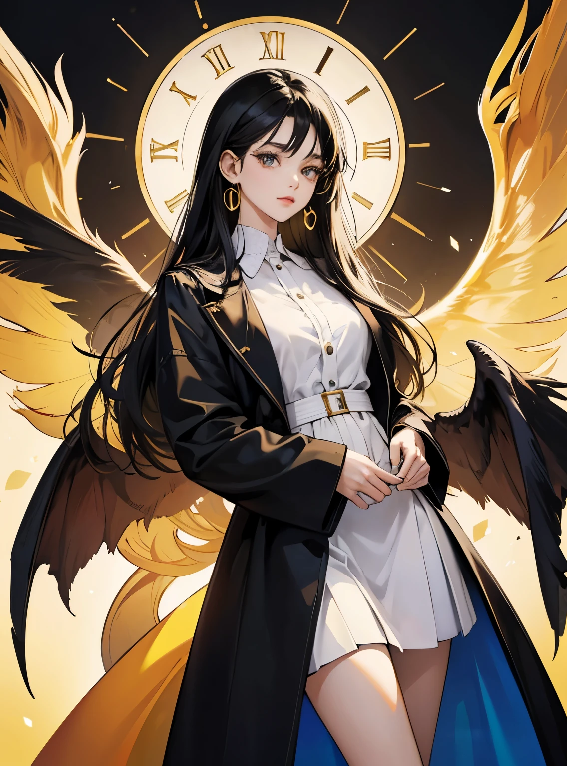 Modern young beauty,Dress in modern fashion,long black hair,Holding a lot of cash,There is a huge colorful clock behind,The whole body emits golden light,There are wings behind,The background is a modern campus.A little more colorful