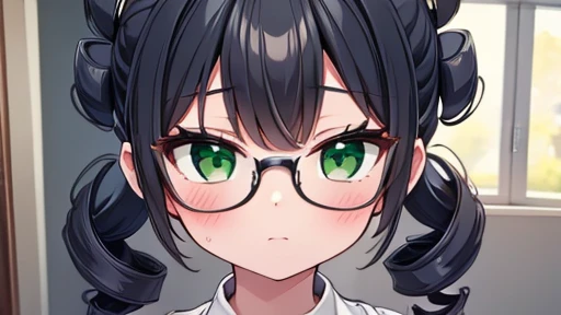 masterpiece,highest quality,wonderful,finely,High resolution,1 girl, big breasts,(twin drills:1.3), black hair, glasses, green eyes,full body