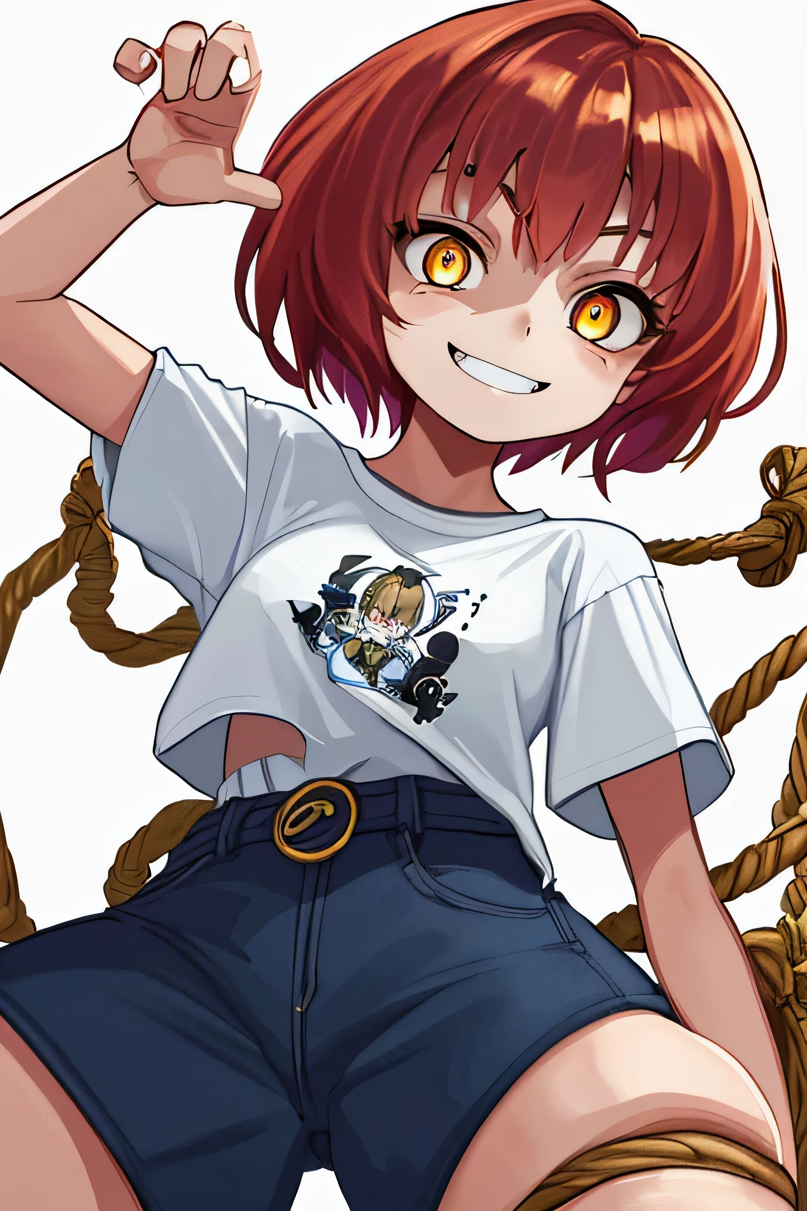 chicha  with wide pants and ropes on the shoulders and very large thighs, a short white t-shirt and the letters "xxx" in the center. She looks like a mischievous and teasing girl, short red hair in the Shaggy Bob style, yellow eyes and brown pupils, with a pose with both hands on her waist and semi-crouched. : her atmosphere coming out of a comic-con, accompanied by her mocking smile